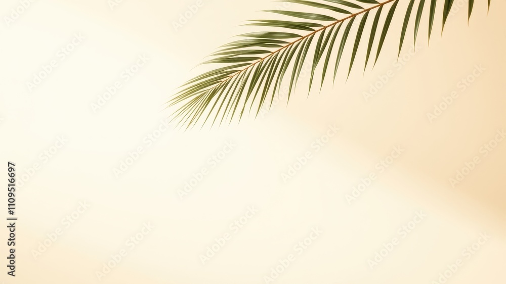 A Single Palm Leaf Branch Against a Smooth Cream Background, Evoking Tranquility and Summertime Vibes A Single Palm Leaf Branch Against a Smooth Cream Background, Evoking Tranquility and Summertime Vibes