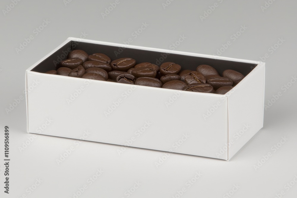 A white box filled with roasted coffee beans. A white box filled with roasted coffee beans.