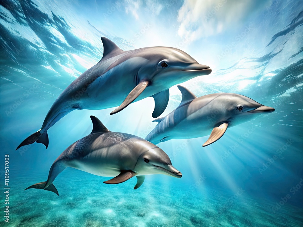 Fototapeta premium Minimalist Dolphin Photography: Four Playful Dolphins Swimming Gracefully in Vibrant Underwater Scene
