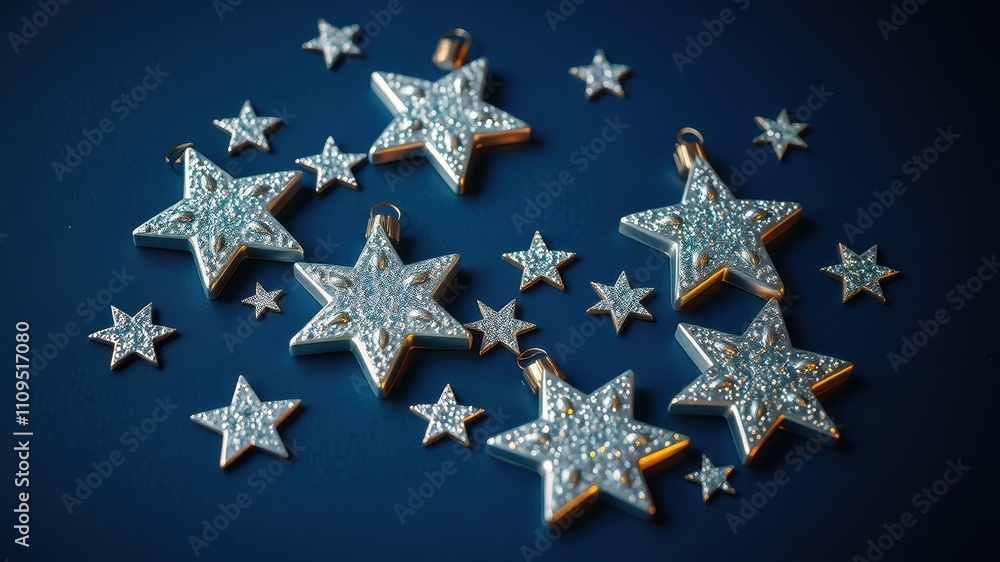 A scattering of silver glitter stars on a deep blue background, creating a festive and celebratory mood. A scattering of silver glitter stars on a deep blue background, creating a festive and celebratory mood.