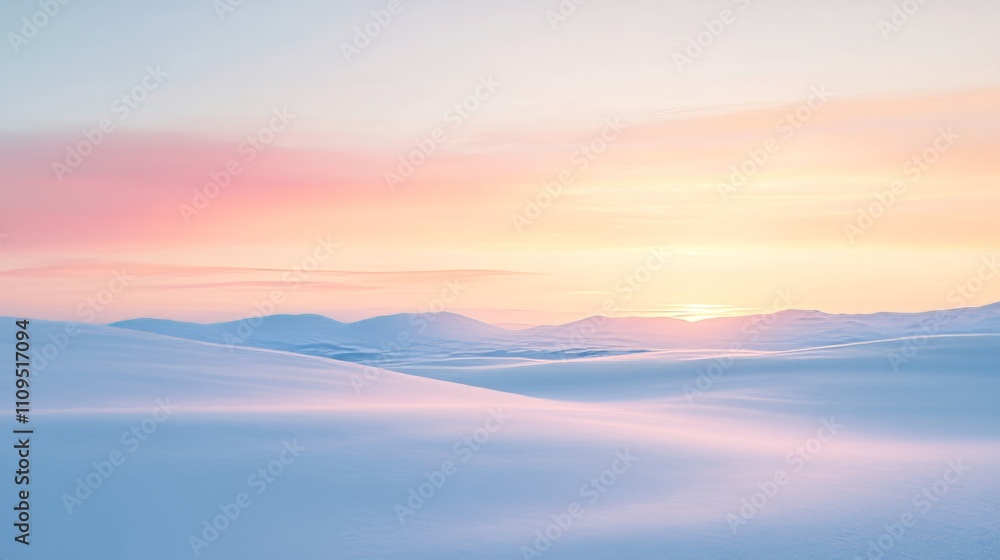 A soft Antarctic sunset casting a warm glow on a snow-covered landscape A soft Antarctic sunset casting a warm glow on a snow-covered landscape