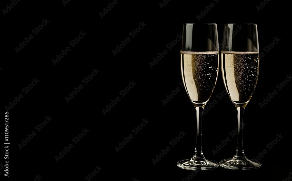 Two glasses of champagne on black background with copy space. Merry Christmas and Happy New Year. Anniversary celebration, birthday card, wedding invite. Two glasses of champagne on black background with copy space. Merry Christmas and Happy New Year. Anniversary celebration, birthday card, wedding invite.