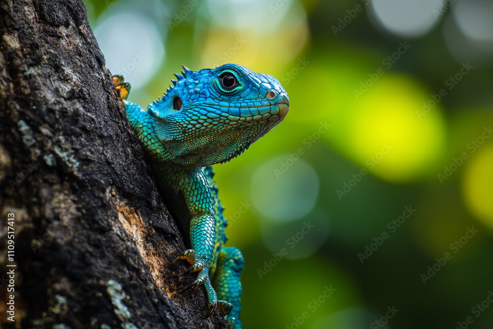 Fototapeta premium A beautiful turquoise lizard sits on a tree trunk in a tropical forest