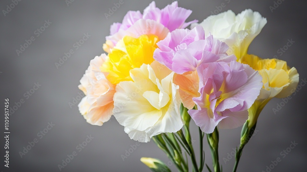 A close-up of a bouquet in a vase with water against a gray backdrop A close-up of a bouquet in a vase with water against a gray backdrop