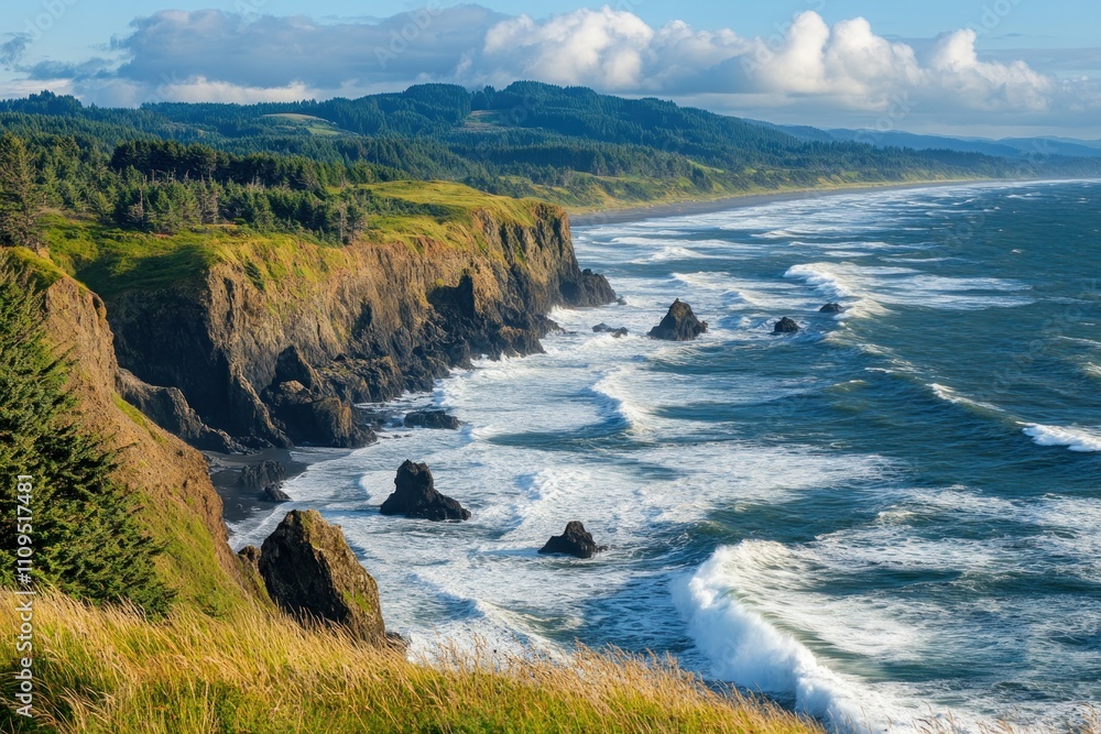 Fototapeta premium Rocky coastal cliffs with waves crashing against the shore