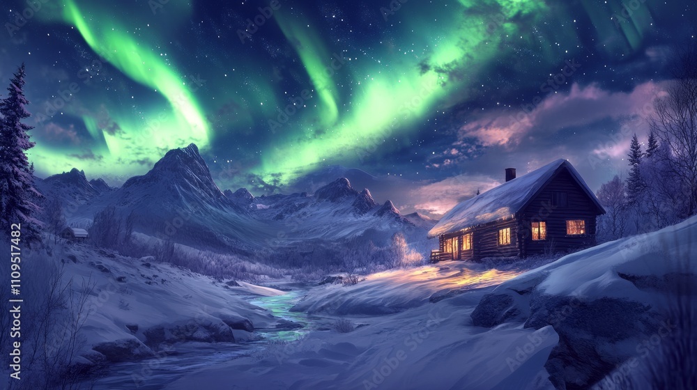 A stunning aurora borealis over a snowy landscape, with a cozy cabin in the foreground A stunning aurora borealis over a snowy landscape, with a cozy cabin in the foreground