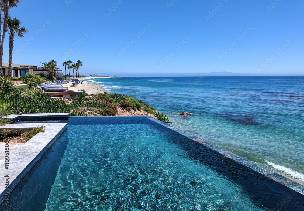 Fototapeta premium Stunning Infinity Pool Overlooking Crystal Clear Ocean Waters with Lush Coastal Landscaping and Palm Trees on a Bright Sunny Day