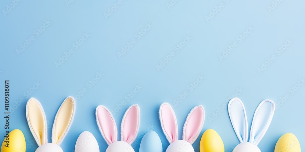 Happy easter! Photo of easter bunny ears and white, pink, blue, yellow eggs frame on isolated pastel blue background with copyspace. Flat lay, top view.
Happy easter! Photo of easter bunny ears and white, pink, blue, yellow eggs frame on isolated pastel blue background with copyspace. Flat lay, top view.