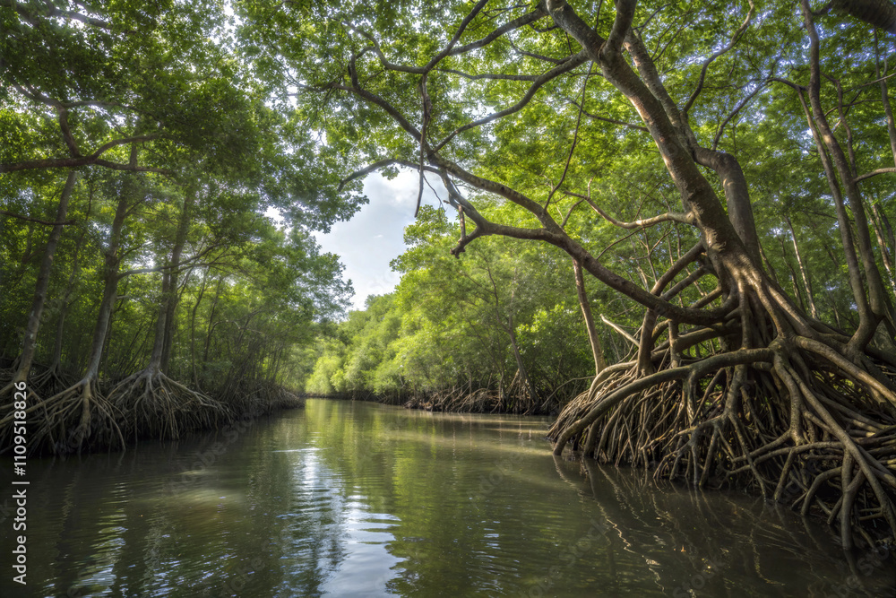 Twisting Mangrove Roots Over Calm Waters