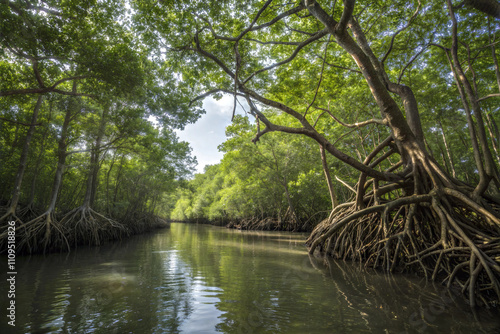 Twisting Mangrove Roots Over Calm Waters