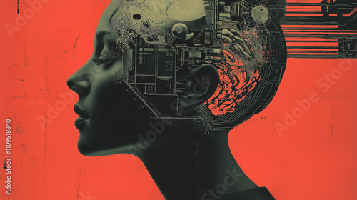 Dada Collage: Ist das menschliche Gehirn ein Schaltkreis?  Und kann Technologie menschliches Potential abbilden oder übertreffen? Abstrakte Illustration