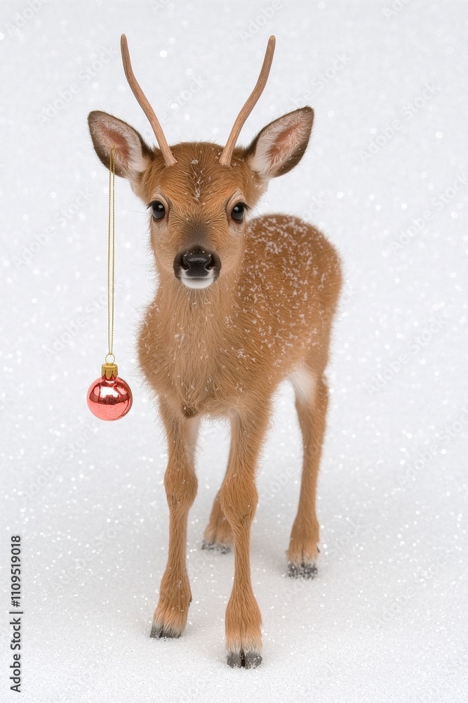 A young deer with antlers and a red ornament, set against a snowy backdrop. A young deer with antlers and a red ornament, set against a snowy backdrop.
