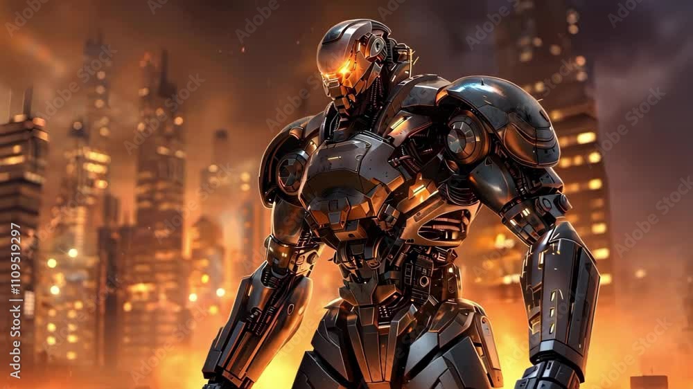 A futuristic robot with glowing orange details stands in a cityscape filled with smoke and light, suggesting a sci-fi setting. A futuristic robot with glowing orange details stands in a cityscape filled with smoke and light, suggesting a sci-fi setting.