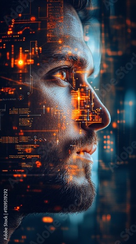 Digital Transformation: Man's Face Intertwined with Coding Interface in Technology Career Concept with Copy Space for Marketing Materials