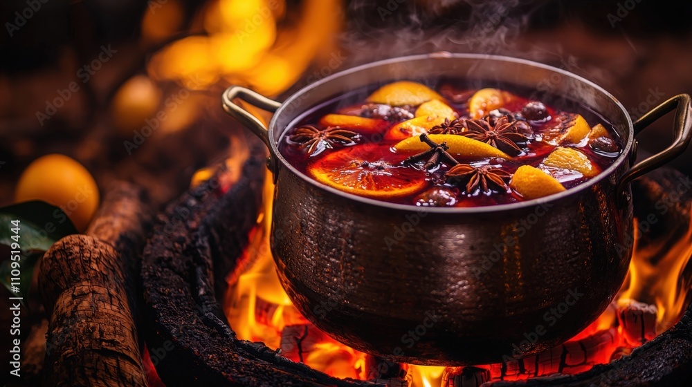 Fototapeta premium Warm spiced beverage simmering over an open fire with citrus and spices