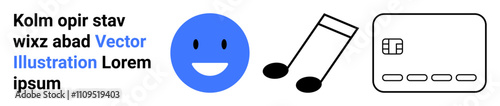 Smiling blue face, black music notes, and outline of a credit card with chip. Text next to icons in mixed colors Ideal for digital media, online content, visual communication, marketing, education