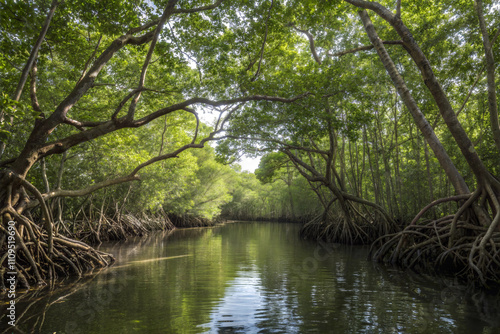 Twisting Mangrove Roots Over Calm Waters