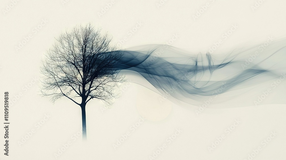  A monochrome image of a tree with smoky branches and a glowing sun in the backdrop