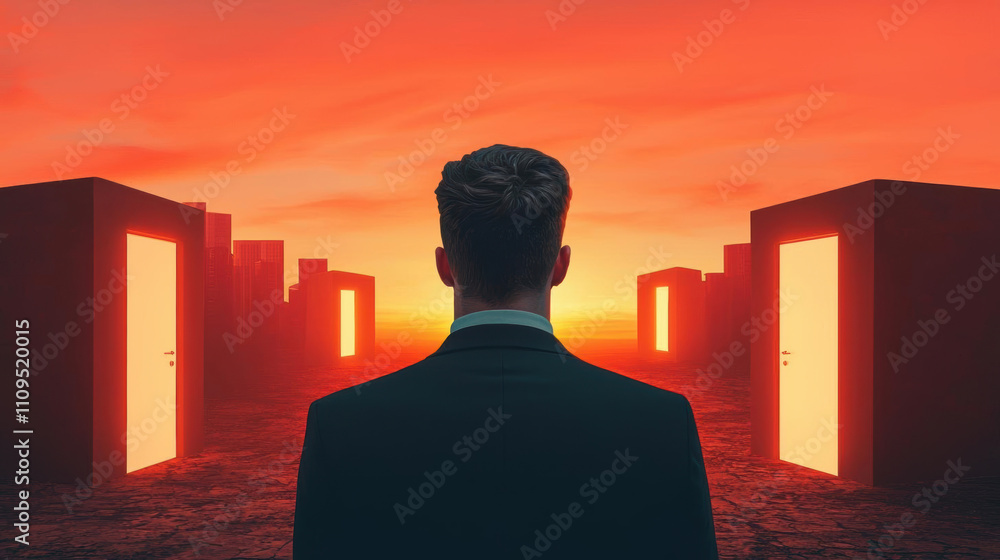 A silhouetted figure stands before multiple glowing doors at sunset, symbolizing choices, opportunities, and introspection in a surreal landscape. A silhouetted figure stands before multiple glowing doors at sunset, symbolizing choices, opportunities, and introspection in a surreal landscape.