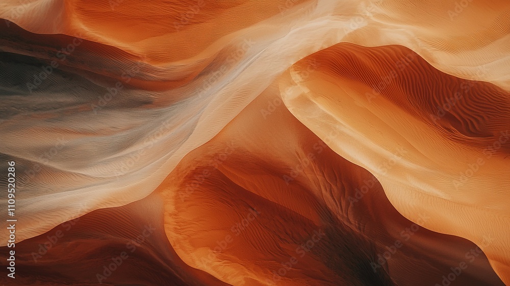 A bird's-eye view of a desert-like landscape from the top of a sand dune A bird's-eye view of a desert-like landscape from the top of a sand dune