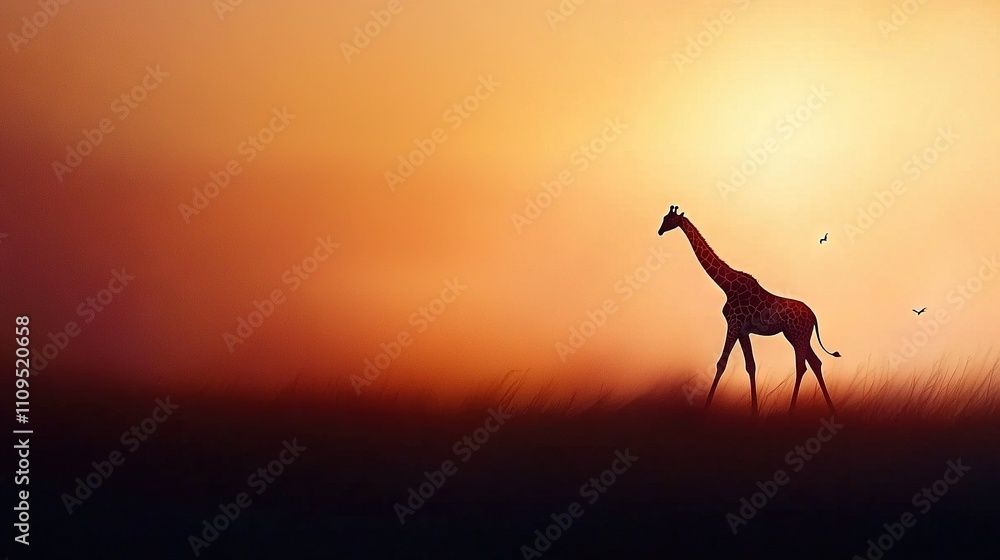 Giraffe in field with flying bird in background Giraffe in field with flying bird in background