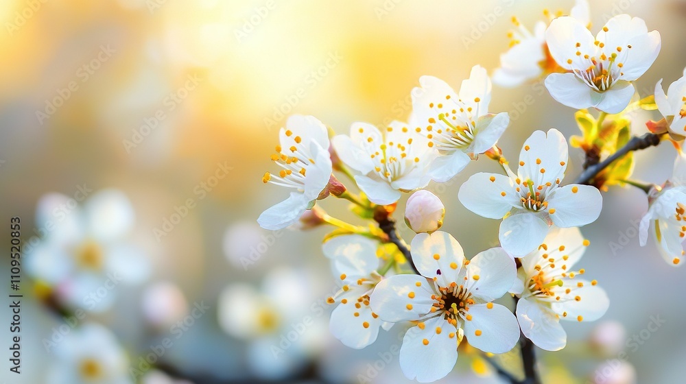 A white flower on a branch with yellow stamens in focus, surrounded by a blurred background A white flower on a branch with yellow stamens in focus, surrounded by a blurred background