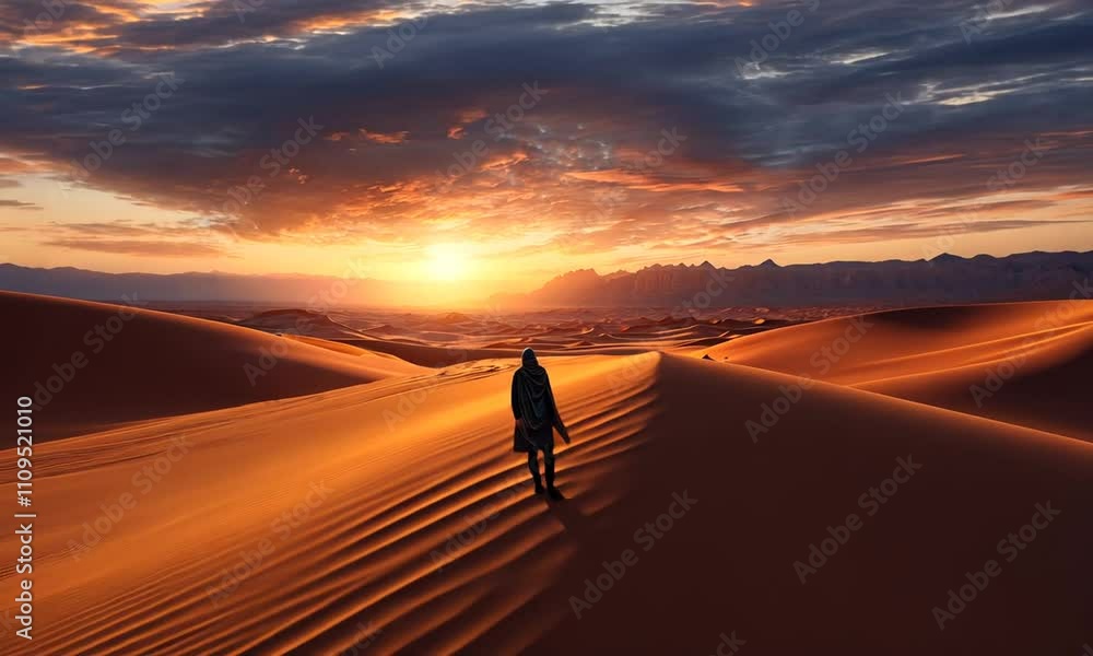 Golden desert sunset illuminates the journey of a lone traveler through shifting sands