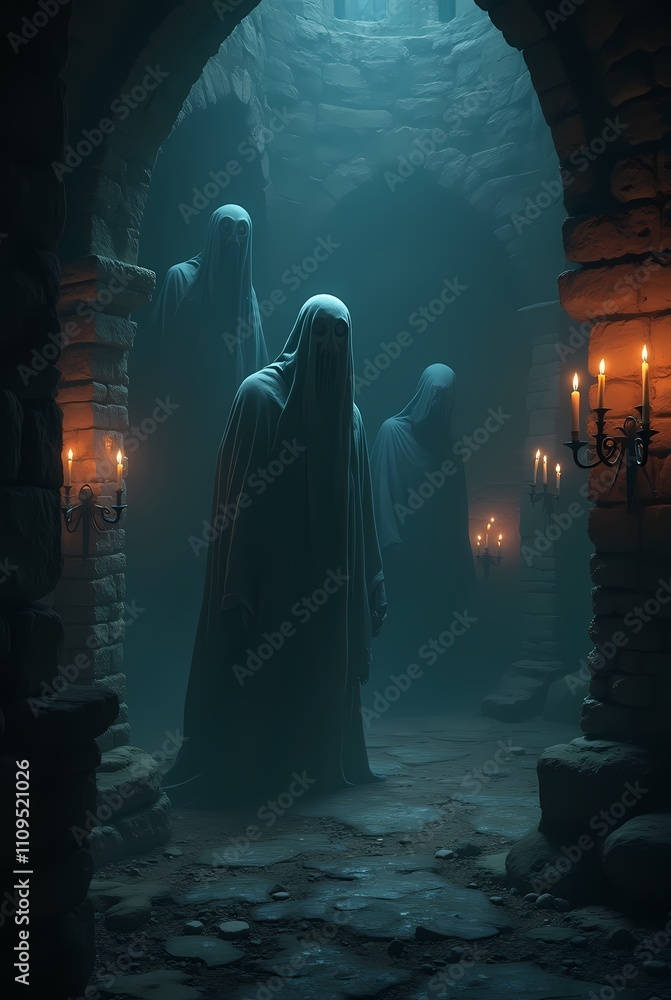 Ghosts and apparitions in a dark and creepy castle dungeon, gothic setting with candles Ghosts and apparitions in a dark and creepy castle dungeon, gothic setting with candles