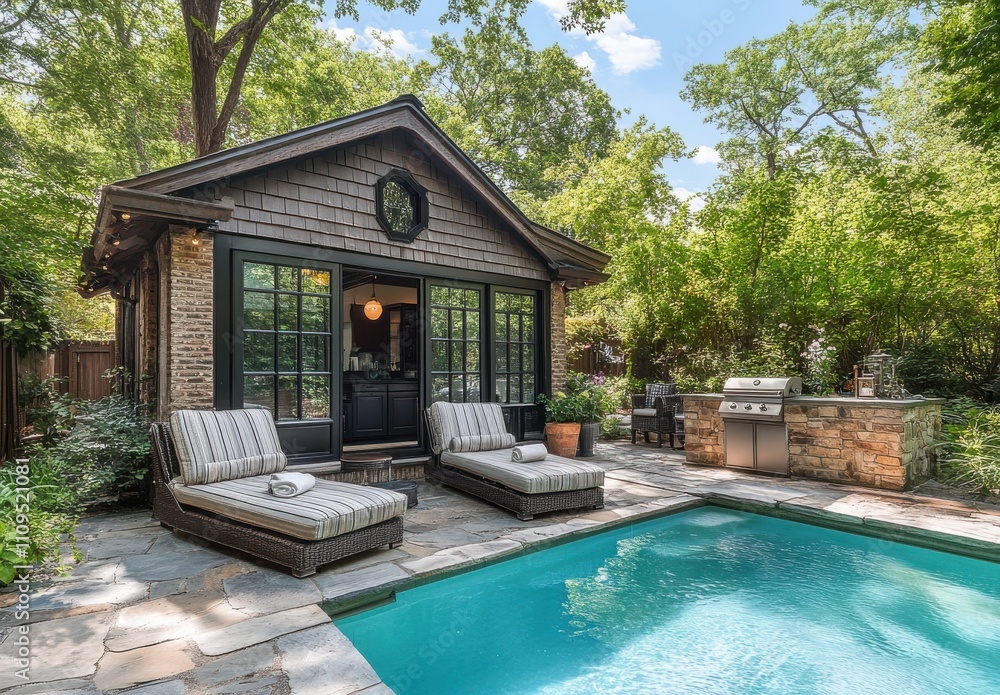 Tranquil Outdoor Oasis Featuring Cozy Lounge Chairs, Sparkling Swimming Pool, and Charming Cottage Surrounded by Lush Greenery in a Sunny Backyard Setting Tranquil Outdoor Oasis Featuring Cozy Lounge Chairs, Sparkling Swimming Pool, and Charming Cottage Surrounded by Lush Greenery in a Sunny Backyard Setting