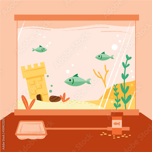 Fish Tank with castle, bubbles, and fish food.
