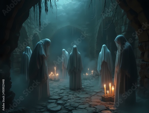 Ghosts and apparitions in a dark and creepy castle dungeon, gothic setting with candles