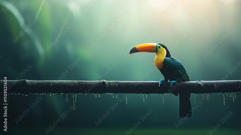 Obraz premium A toucan perched on a jungle branch with drops on the ground and a green backdrop
