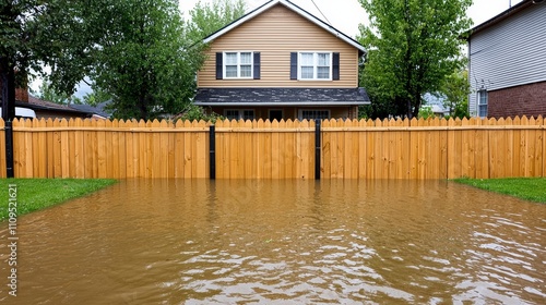 Flooded Residential Backyard with Home and Wooden Fence in View