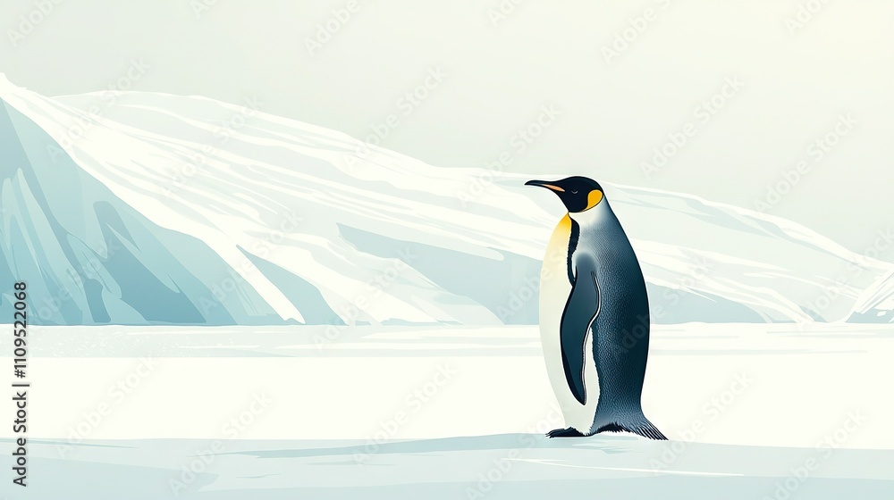 Fototapeta premium A penguin standing in the snow with a mountain in the background