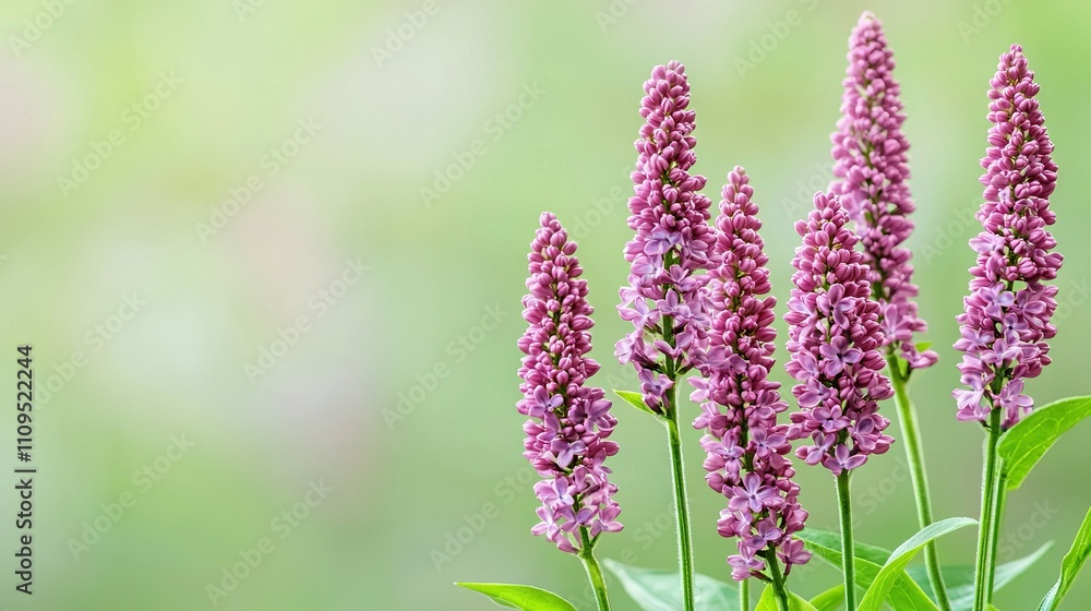 Obraz premium A close-up of a group of purple flowers surrounded by green foliage in the foreground, with a soft, blurred background