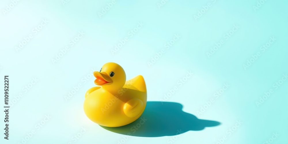 A cheerful yellow rubber ducky with a playful grin sits on a bright blue background, casting a long shadow, ready to be a bath time companion. A cheerful yellow rubber ducky with a playful grin sits on a bright blue background, casting a long shadow, ready to be a bath time companion.
