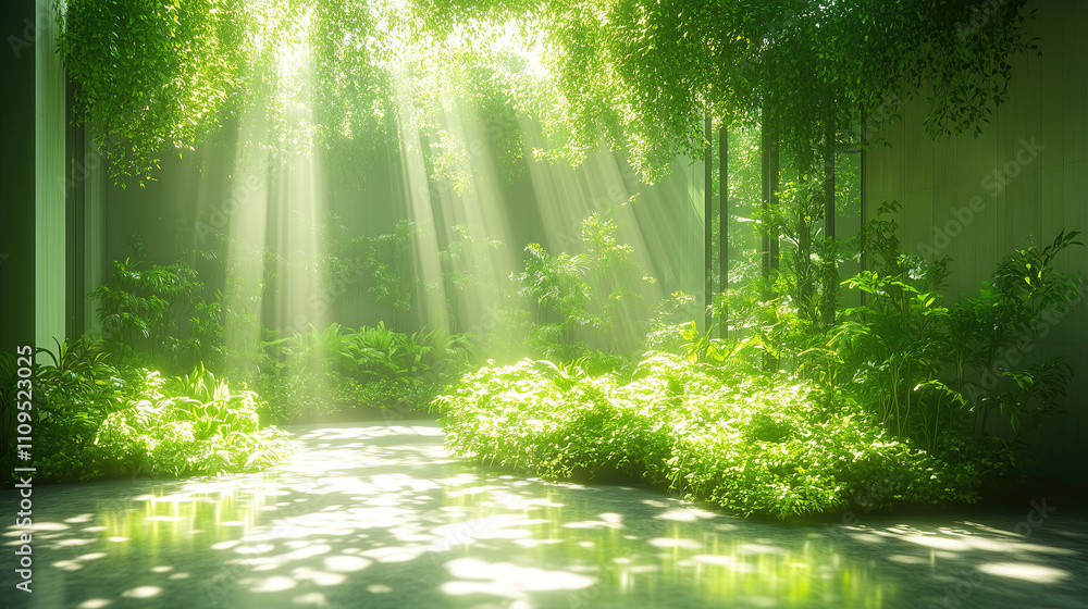 Obraz premium Sunlight filters through lush greenery in a serene indoor garden space. Generative AI