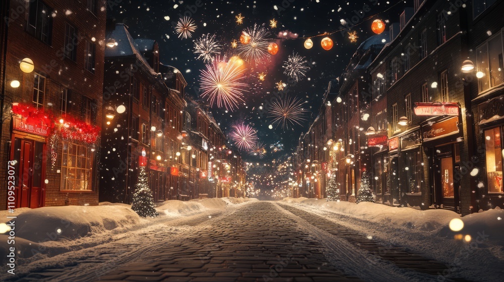 A Festive City Street Covered in Snow with Fireworks in the Sky

