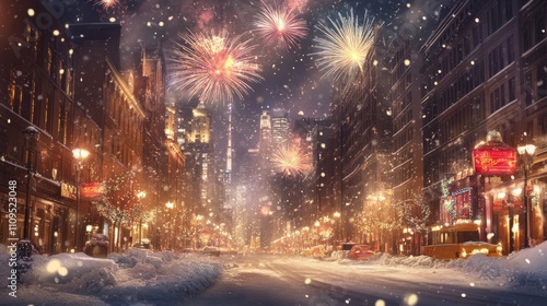 A Festive City Street Covered in Snow with Fireworks in the Sky