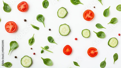   Tomatoes, cucumbers, and spinach arranged on white surface create healthy, nutritious salad