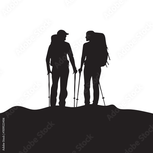 Couple Outdoors Vector Silhouette, Group of Hiking man Silhouettes. hiker with backpack and rucksacks silhouette.