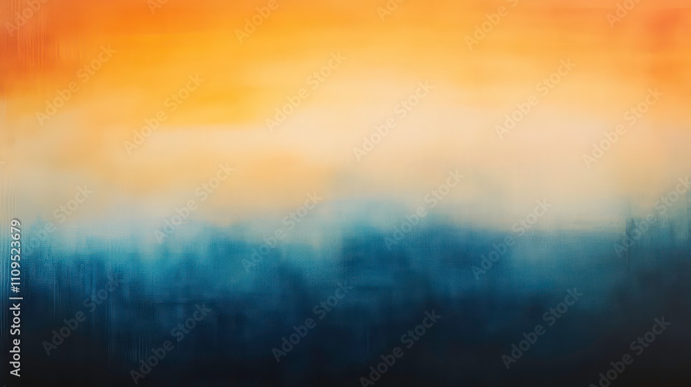 Abstract painting with orange and blue hues, depicting a hazy, blurry landscape. Abstract painting with orange and blue hues, depicting a hazy, blurry landscape.