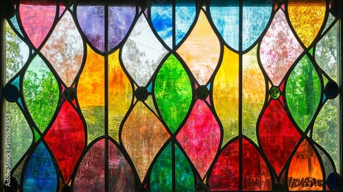 Vibrant Stained Glass Window Design, a mesmerizing blend of colors creating an artistic atmosphere, ideal for enhancing interior decor and adding visual interest to any space