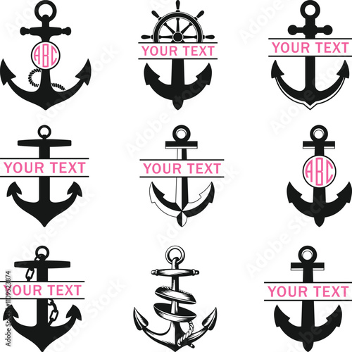 Anchor with rope logo, Anchor with rope vector black and white Background. ship anchor split vector graphic design for logo and illustration template