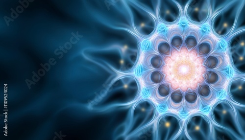 Abstract fractal art; glowing blue, pink, and orange mandala design.