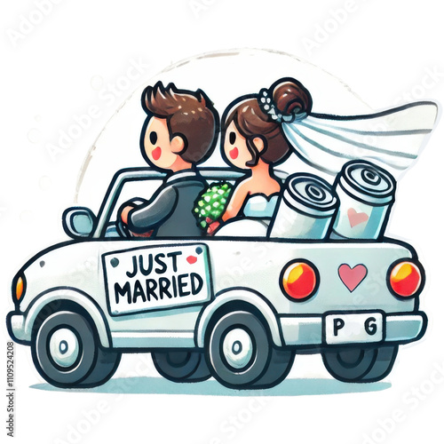 Charming cartoon of a bride and groom in a vintage blue car with a 