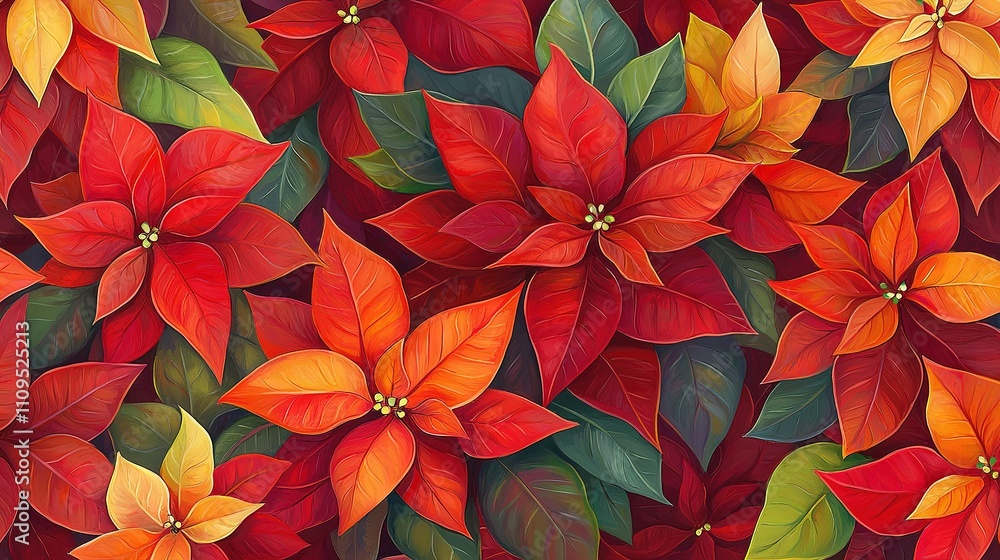 Red and yellow poinsettias on red background with green leaves and white border - optimized text Red and yellow poinsettias on red background with green leaves and white border - optimized text