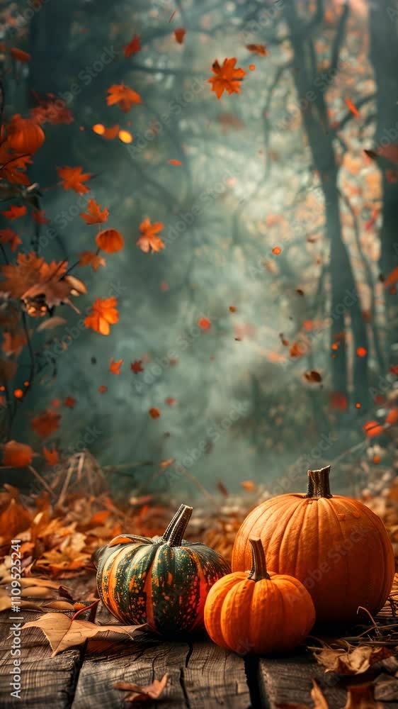 Autumn Leaves Fall on Pumpkins in Forest Autumn Leaves Fall on Pumpkins in Forest