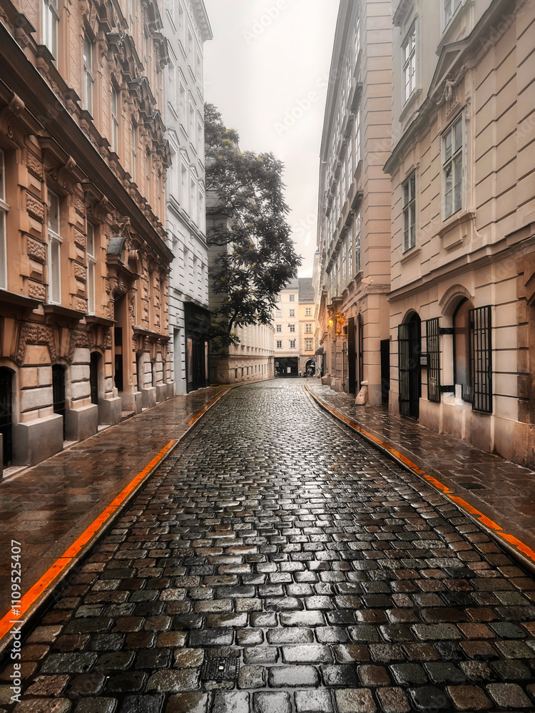 A beautiful little tucked-away street ally on a rainy day with translucent and gleaming pavement A beautiful little tucked-away street ally on a rainy day with translucent and gleaming pavement