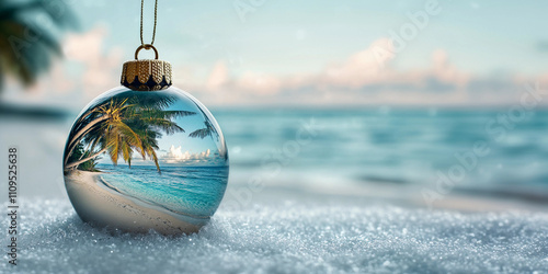 Christmas ball reflecting a tropical beach. Winter decor, travel and nature landscape concept. For Christmas, Happy New Year. Double exposure product shot for banner, card with copy space © Q-Zack